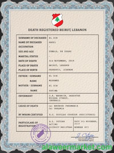 Lebanon vital record death certificate PSD template